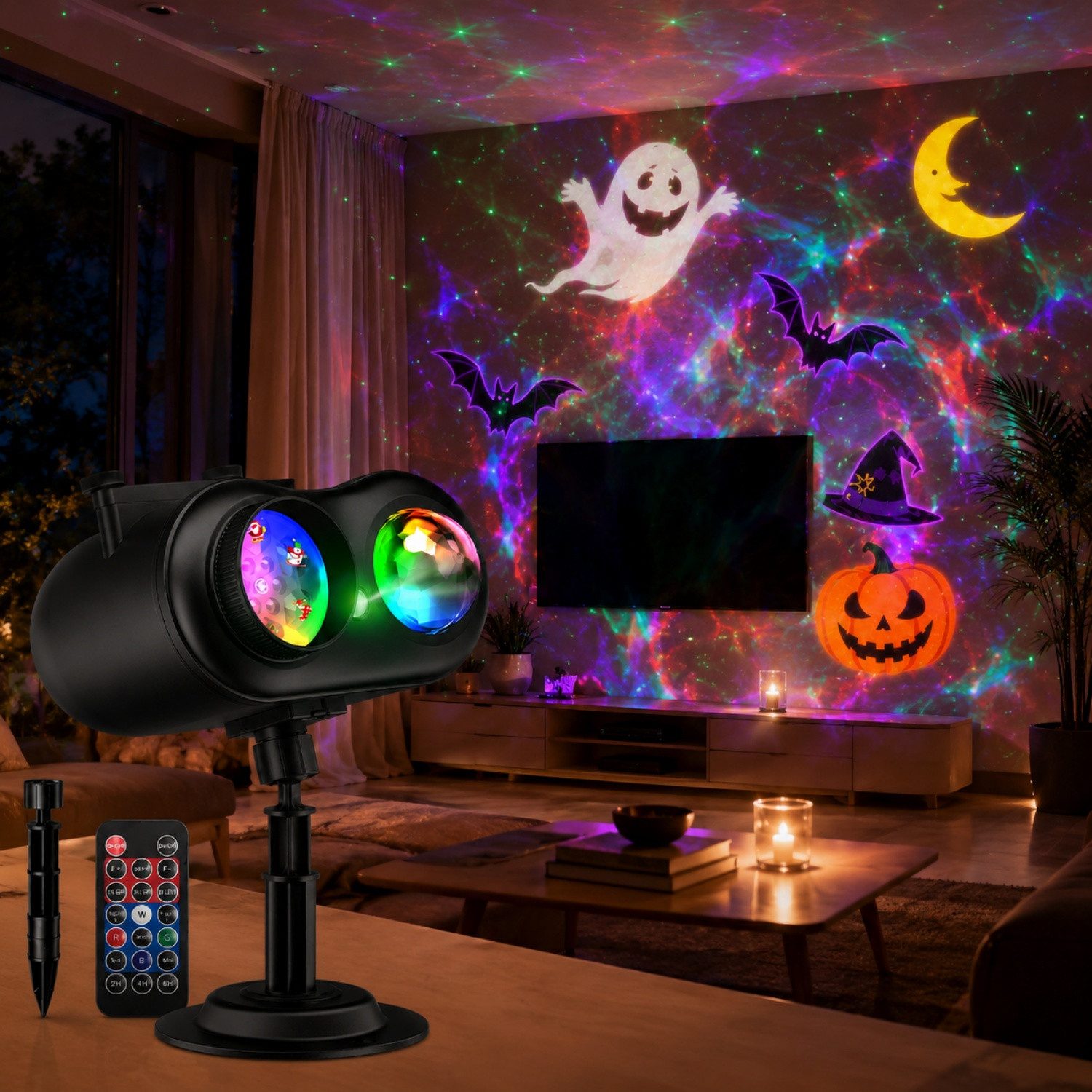 ANYSUN Projektionslampe Halloween Projektor Innen & Außen, LED Projektionslampe, 80 Motive, Mit Fernbedienung, RGBW-Wasserwelle & 3 Montagearten für Haus & Garten