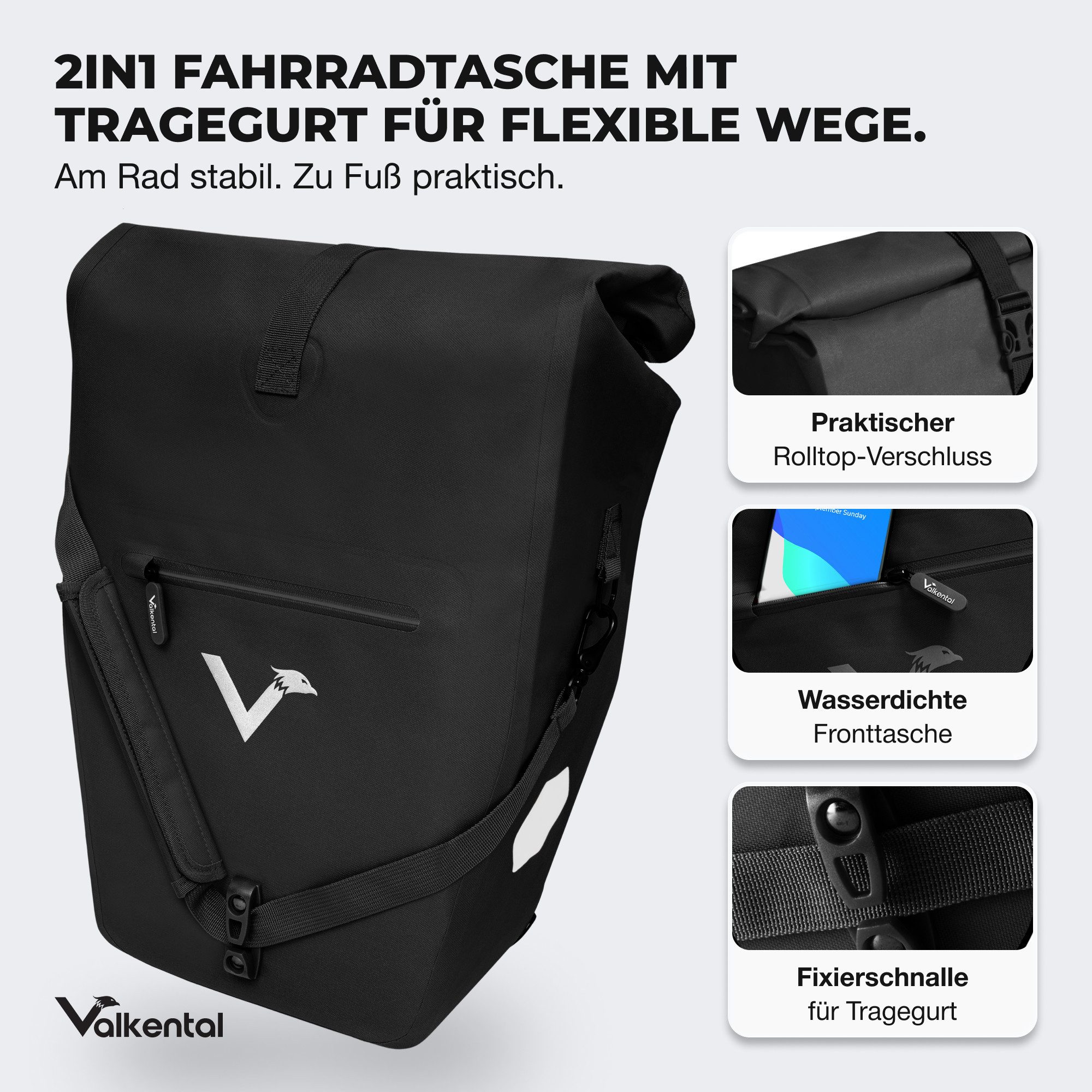 Valkental Fahrradtasche Gepäckträgertasche mit Umhängeschlauf, 2in1 wasserdicht, mit Rolltop Verschluss & Laptopfach 28L