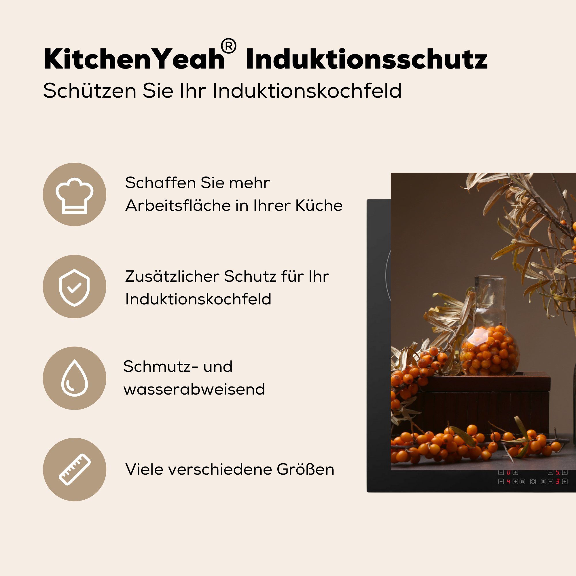 81x52 Vinyl, (1 - Schutz cm, - Vase die tlg), für Induktionskochfeld MuchoWow Ceranfeldabdeckung küche, Herdblende-/Abdeckplatte Stilleben, Obst