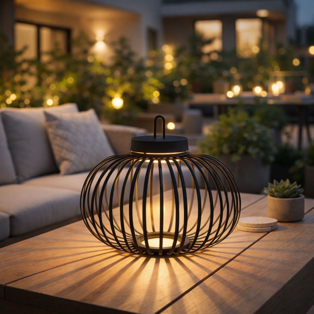 JUST LIGHT LED Außen-Tischleuchte, LED-Leuchtmittel fest verbaut, Warmweiß, LED Tischleuchte Pendellampe Akku Bambus schwarz USB Touchdimmer 2x