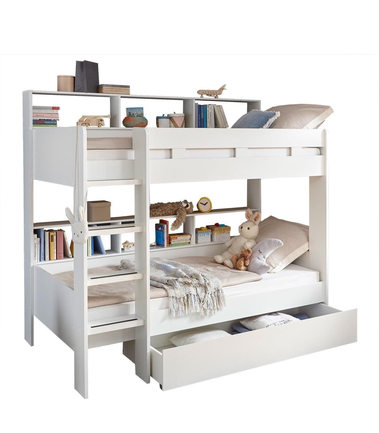 Begabino Etagenbett JUSA, 2 Etagen, Weiß, mit Rollrosten und Leiter, ohne Matratze, B 128,8 x H 189,5 x T 210,2 cm