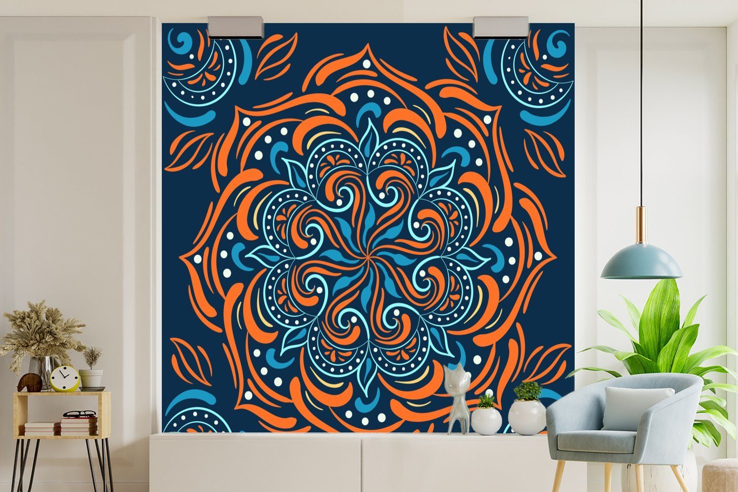 (5 Mandala Blau Tapete St), Orange Wandtapete Matt, Fototapete für Schlafzimmer, MuchoWow Muster, - oder bedruckt, - - Wohnzimmer Vinyl