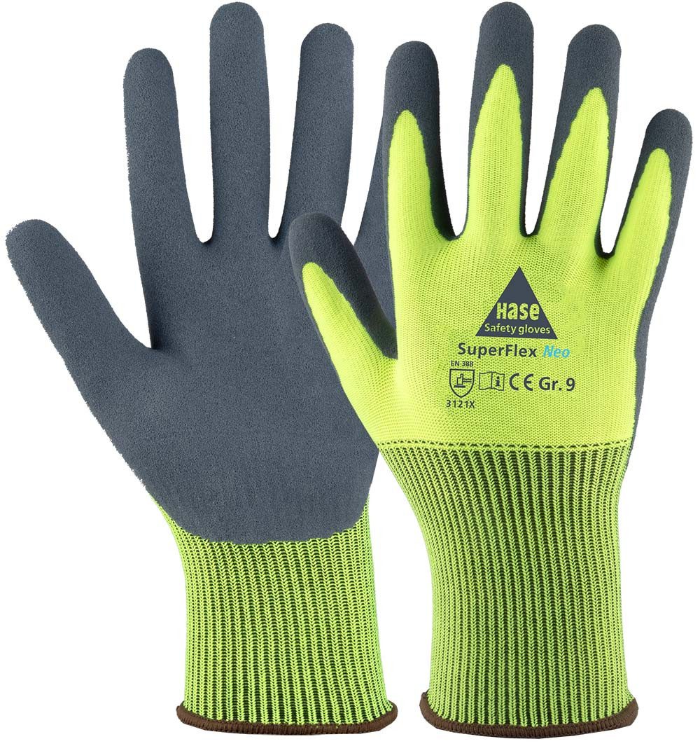Hase Safety Gloves Arbeitshandschuhe SuperFlex Neo Montagehandschuh Latexschaum (Packung, 10-St., VPE= 10 Paar, Gr 6-11) waschbar,neon