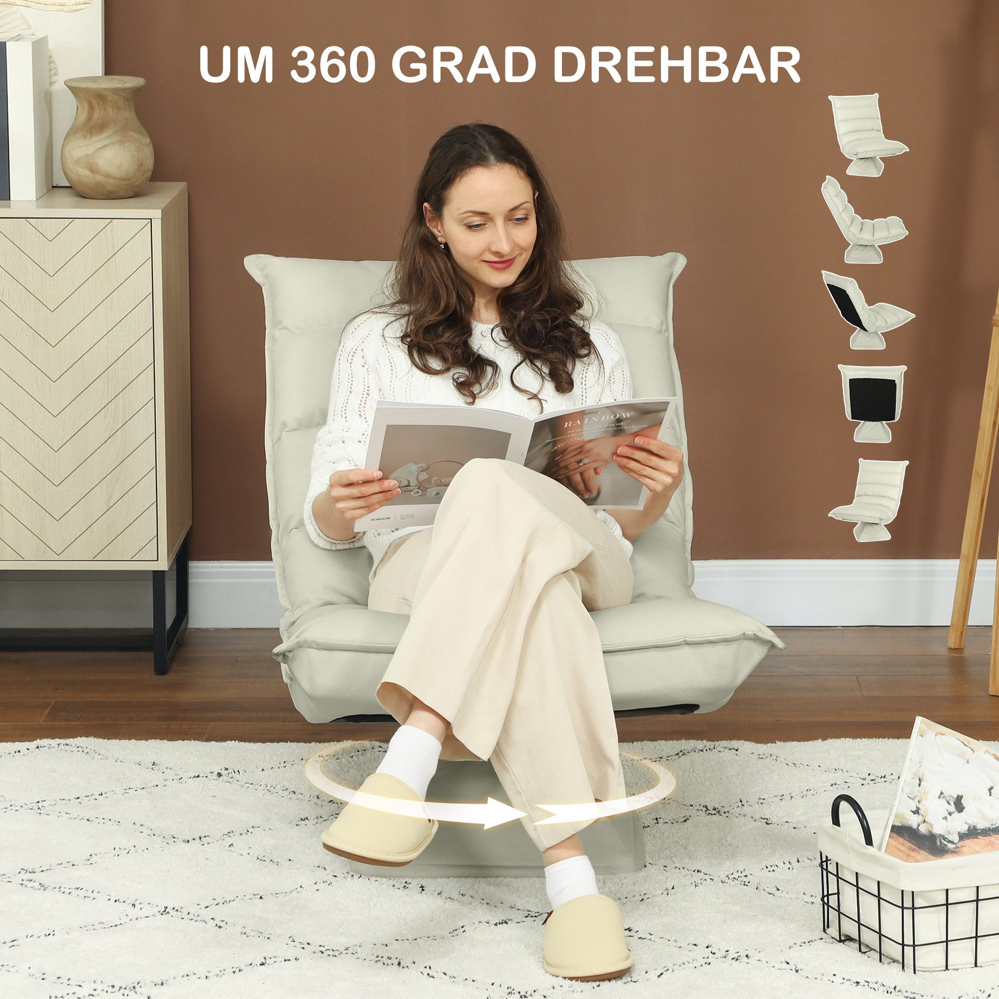 HOMCOM Relaxsessel Bodenstuhl mit Verstellbarer Lehne, Drehbarer Meditationsstuhl (Bodensofa, 1-St., Sessel), für Wohnzimmer, Beige