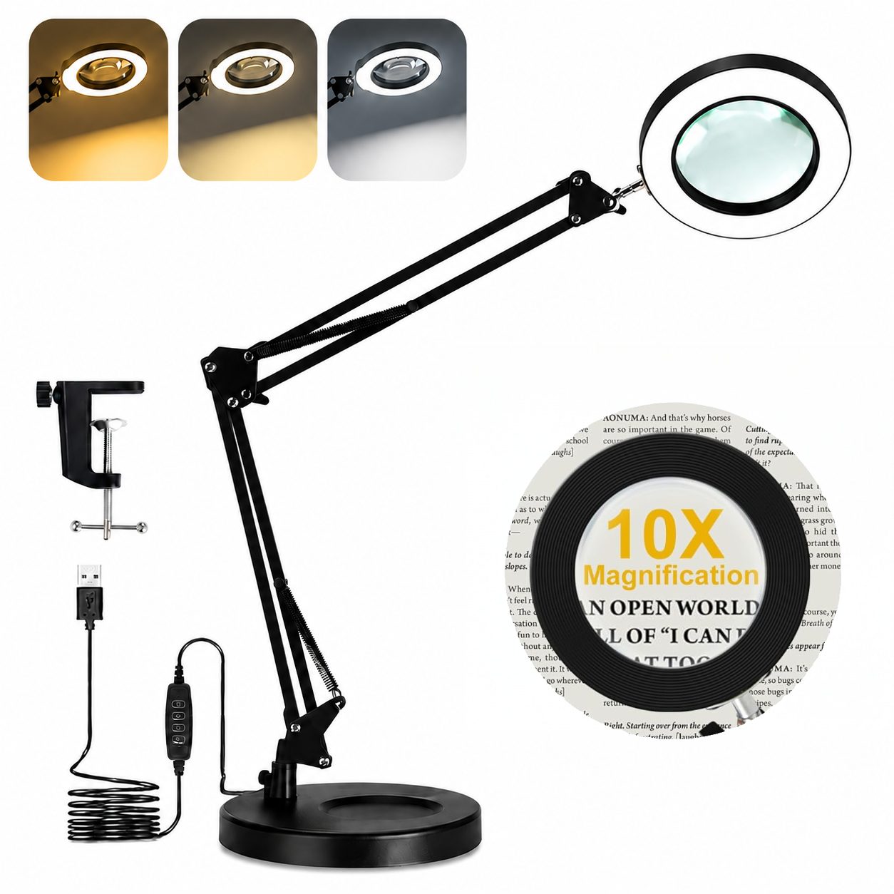 Toomoke Lupenlampe 10X LED Lupenleuchte mit Klemme LED Tischlampe Klemmlampe, 2800-6500K, für Arbeit, Lesen,Nähen,Basteln,Senioren, Kaltweiß & Warmweiß, 3 Farbmodi,10 Helligkeitsstufen