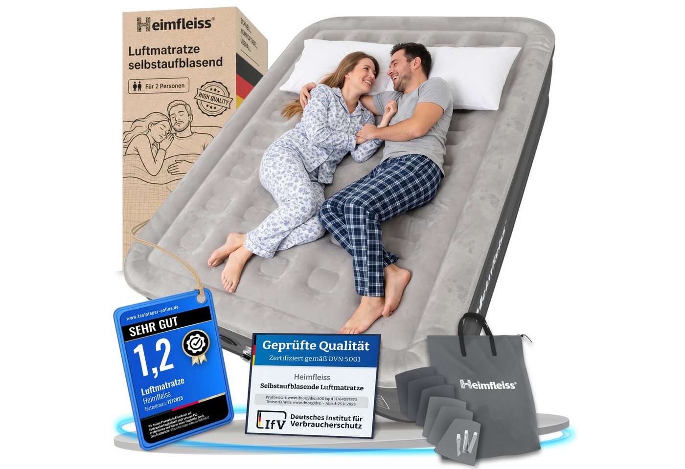 Heimfleiss® Luftmatratze Luftbett selbstaufblasend integrierte Pumpe, (Reisebett Matratze mit Elektropumpe, 3-St., inkl. Tragetasche und Reparatur-Kit), 2 Personen 200x150x45 cm, 300 kg