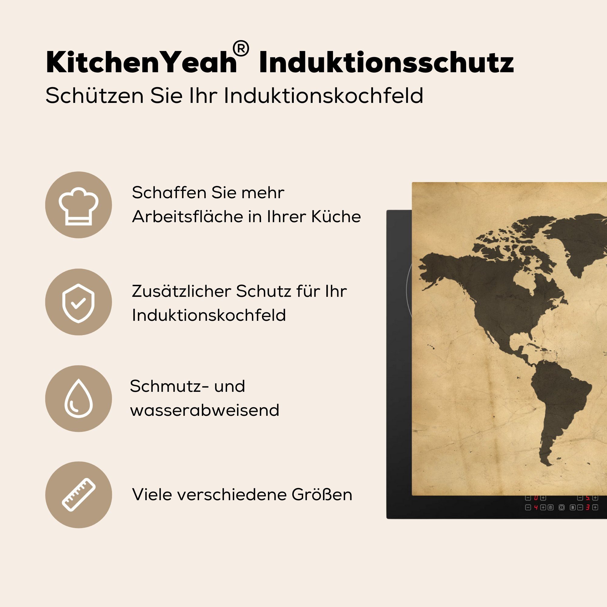 MuchoWow Herdblende-/Abdeckplatte Weltkarte - Vintage Vinyl, küche, 81x52 Zitat, Schutz Ceranfeldabdeckung - tlg), für cm, Induktionskochfeld (1 die