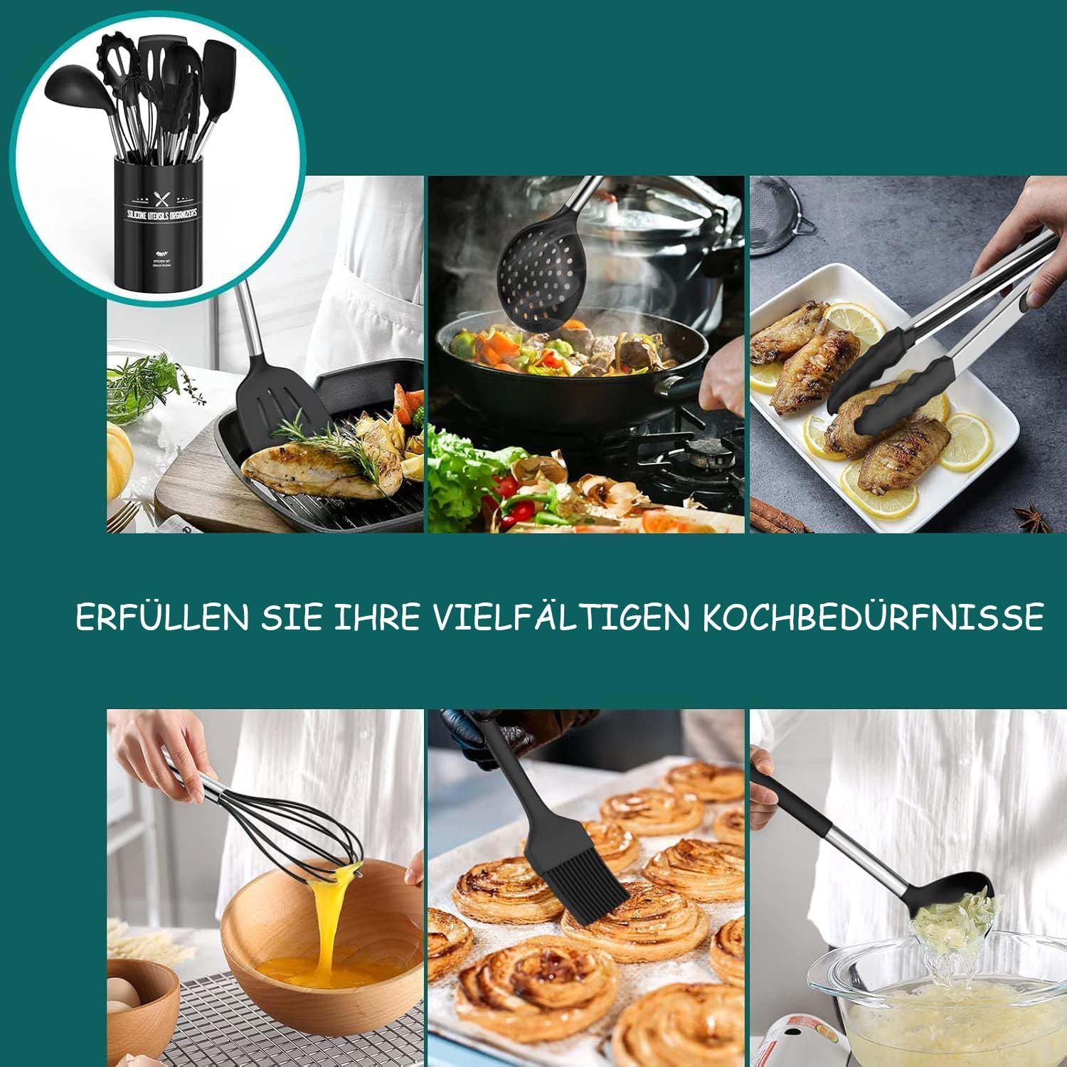 Diwzbyn Kochbesteck-Set 15-teilig Silikon Küchenhelfer Set, Antihaft Hitzebeständiger (15-tlg) – Bild 5 von 5