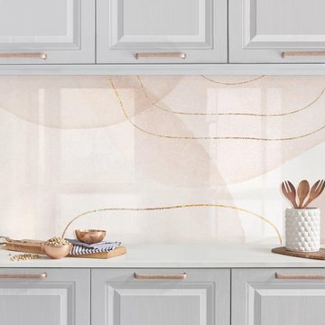 Bilderdepot24 Küchenrückwand beige dekor Aquarell Muster Verspielte Impressionen goldenen Linien, (1-tlg., Nischenrückwand - für Fliesenspiegel ohne Bohren - matt), Spritzschutz Rückwand Küche Herd - Folie selbstklebend versch. Größen