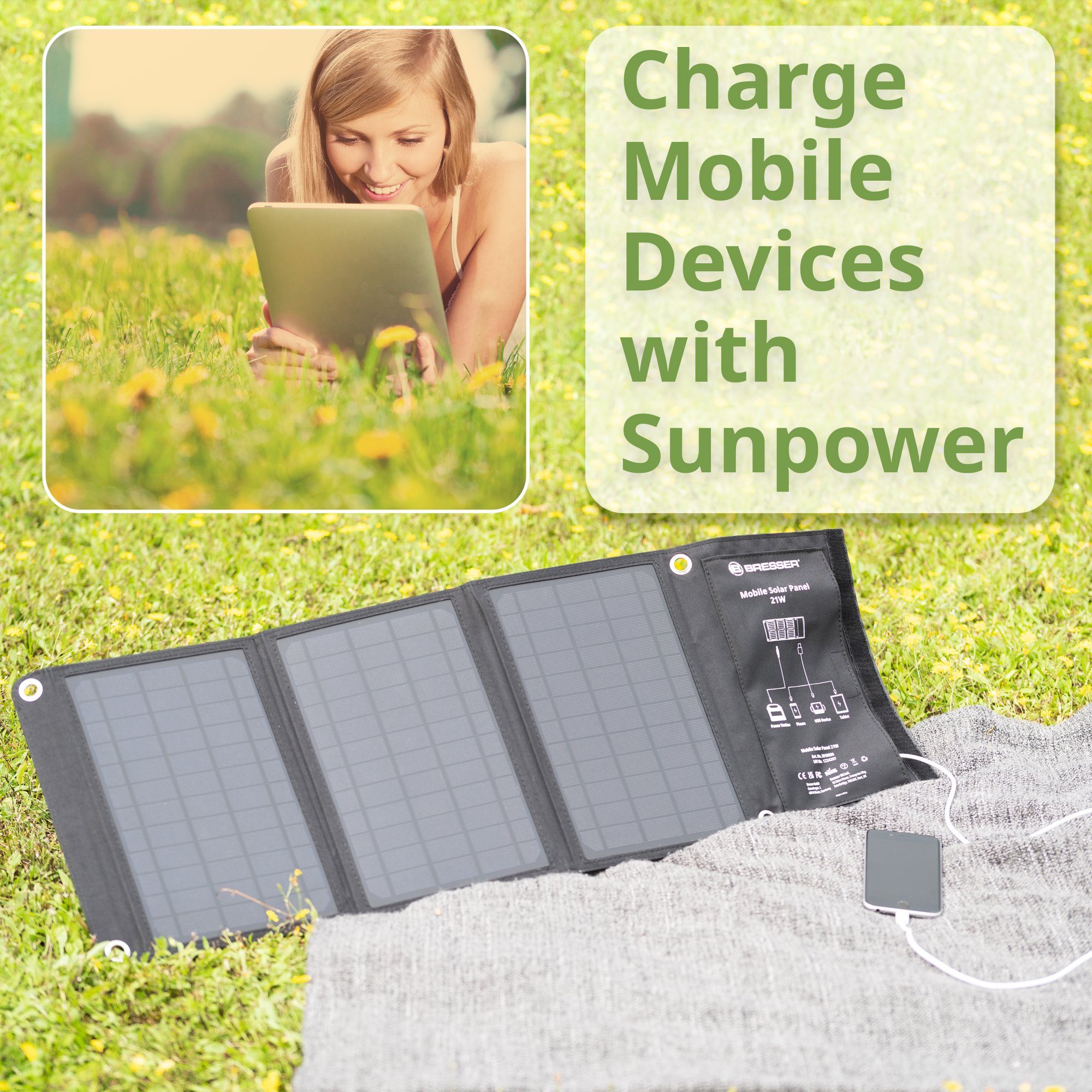 BRESSER BRESSER Mobiles Solar-Ladegerät 21 Watt mit USB- u. DC-Anschluss Solarladegerät