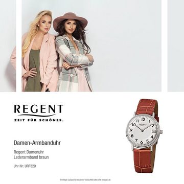 Regent Quarzuhr Regent Damen-Armbanduhr braun Analog F-329, Damen Armbanduhr rund, klein (ca. 28mm), Lederarmband