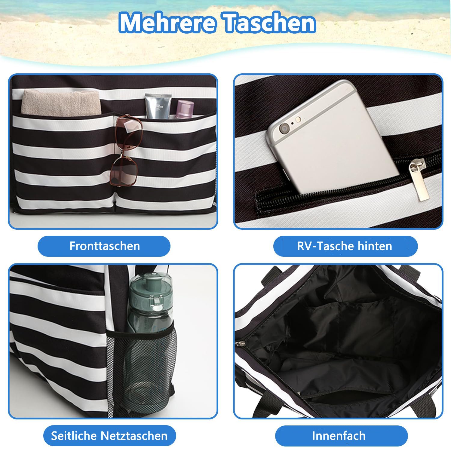 Zaewry Strandtasche Damen mit Reißverschluss, Große Strandtasche xxl Familie, Badetasche, Damen Wasserdicht, Beach Tote Bag für Reisen Pool – Bild 5 von 5