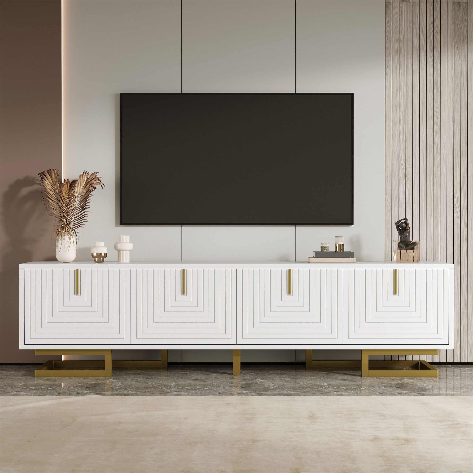 Merax Lowboard Fernsehschrank in Schwarz mit Struktur, (1 St), TV-Schrank mit 4 Türen, goldene Griffe & Beine, 160x38x44,5 cm