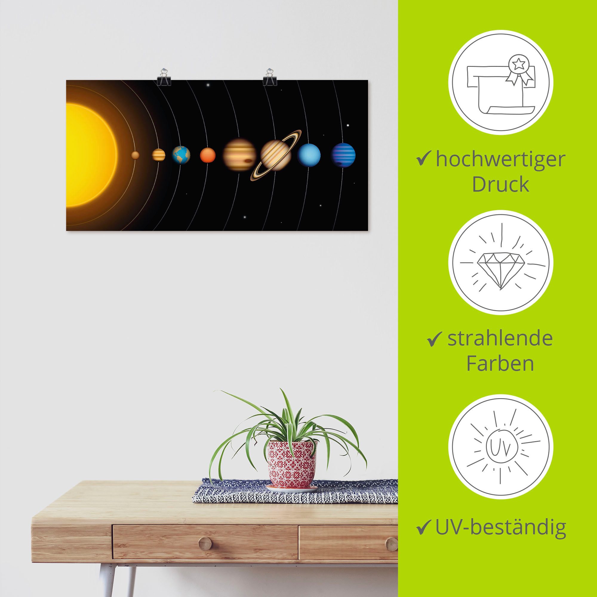 Artland Wandbild Vector Sonnensystem mit Planeten, Sonnensystem (1 St), als Alubild, Outdoorbild, Leinwandbild, Poster, Wandaufkleber