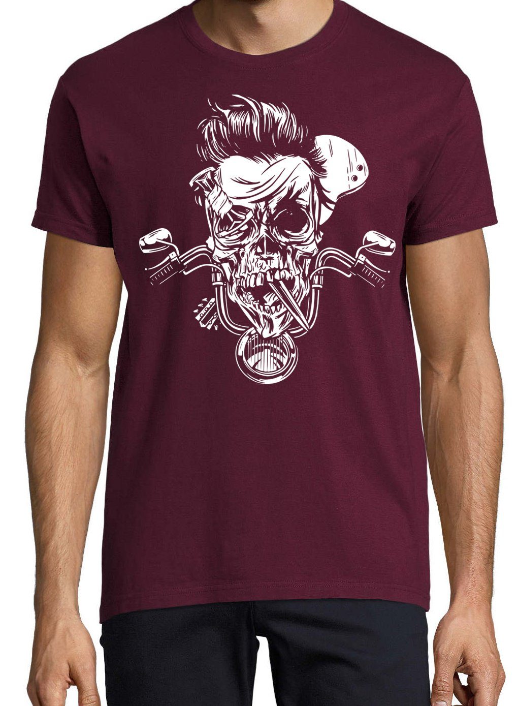 mit Herren Burgund T-Shirt Biker Zombie trendigem Youth Shirt Frontprint Skull Designz