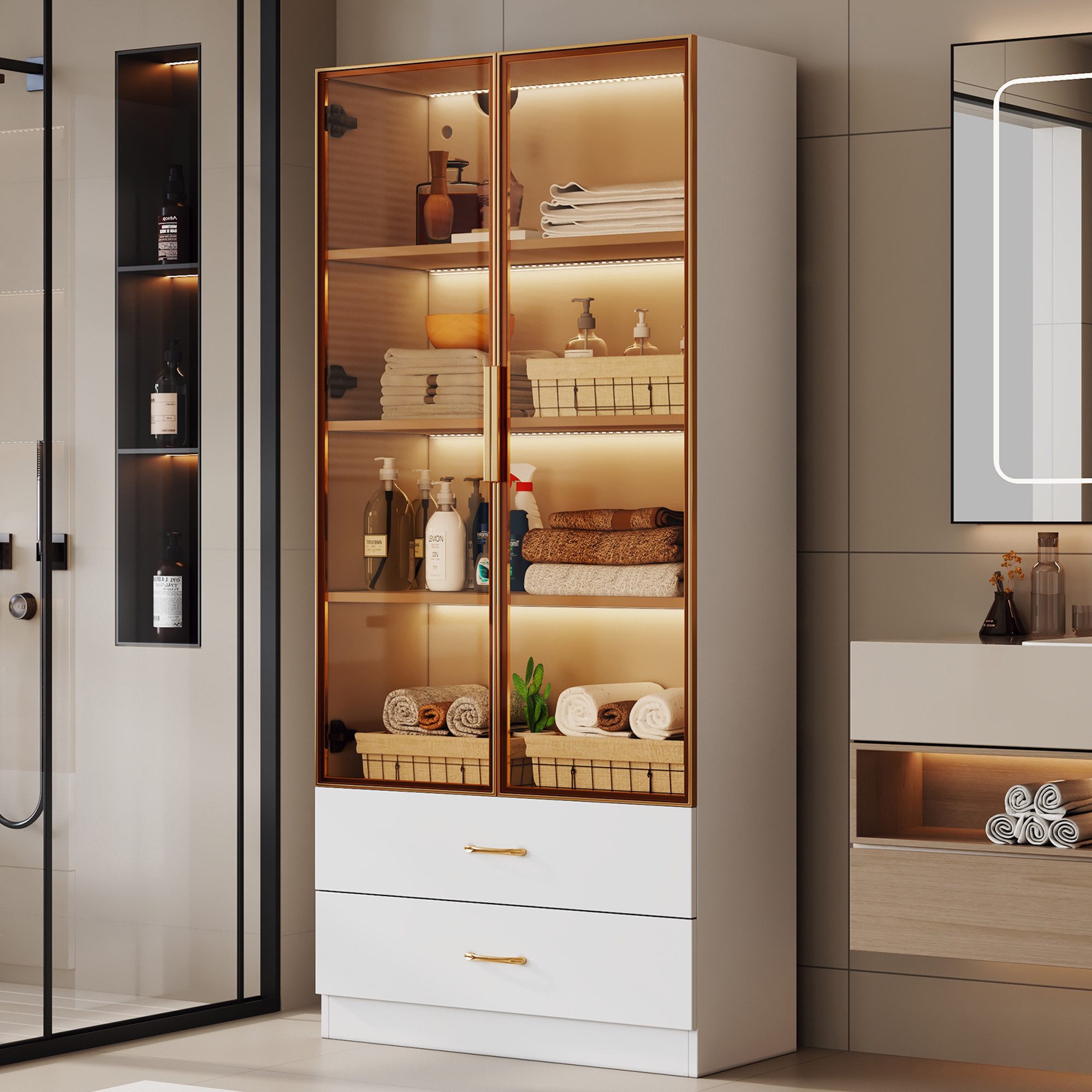 Flieks Glasvitrine mit LED-Beleuchtung, 2 Glastüren und 2 Schubladen (1-St) Standvitrine Hochschrank, Höhe ca. 170 cm, perfekt für Sammler