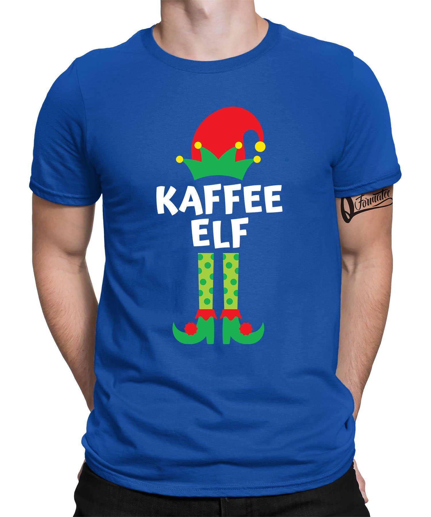Viele neue Artikel verfügbar Quattro Formatee Kurzarmshirt Kaffee Elf Herren - (1-tlg) X-mas Christmas T-Shirt Blau Weihnachten