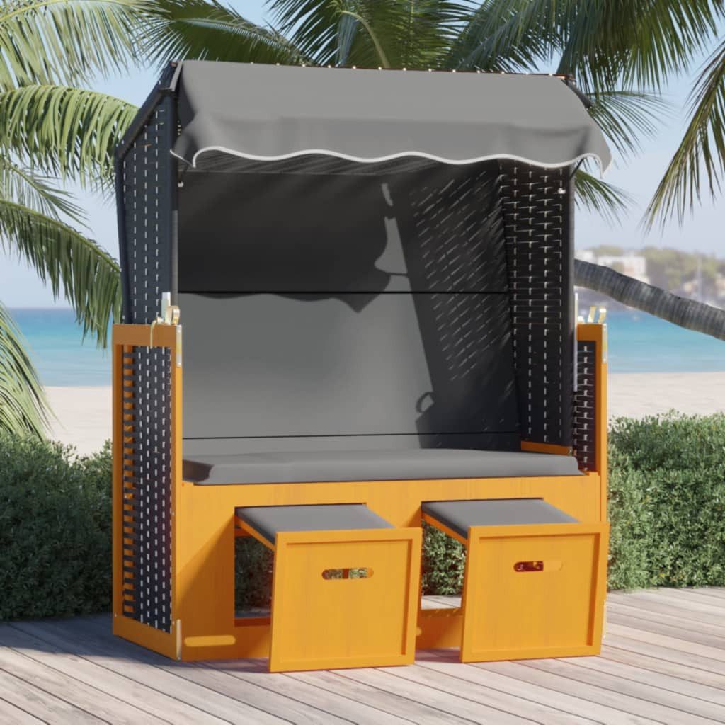 furnicato Strandkorb mit Dach Poly Rattan & Massivholz Schwarz Anthrazit, BxTxH: 55x55x156 cm, (1-tlg), Sonnenliege mit 3-fach verstellbarer Lehne und ausziehbaren Hockern