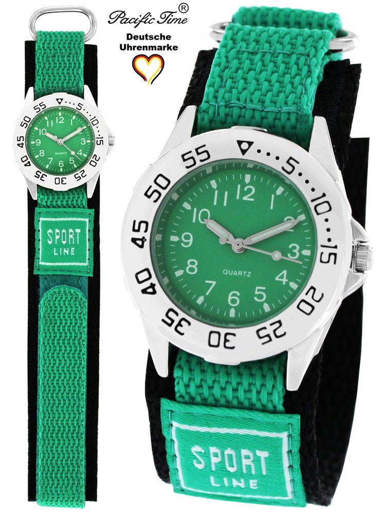Kinder Quarzuhr grün Sport Stoffarmband schwarz Gratis Pacific Klettverschluß, Time Versand Armbanduhr