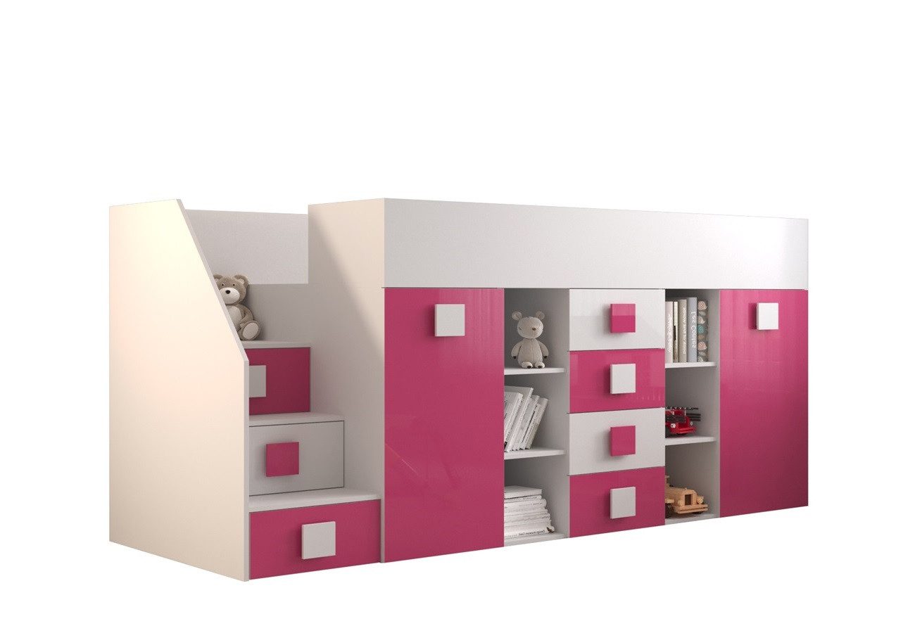 QMM TraumMöbel Hochbett TELLY 3 mit Treppe links (Möbelstück, 1-St., Bett mit Schrank, Schreibtisch, Schubladen, Regale, Treppe) ausziehbarer Schreibtisch mit weiteren Stauräumen