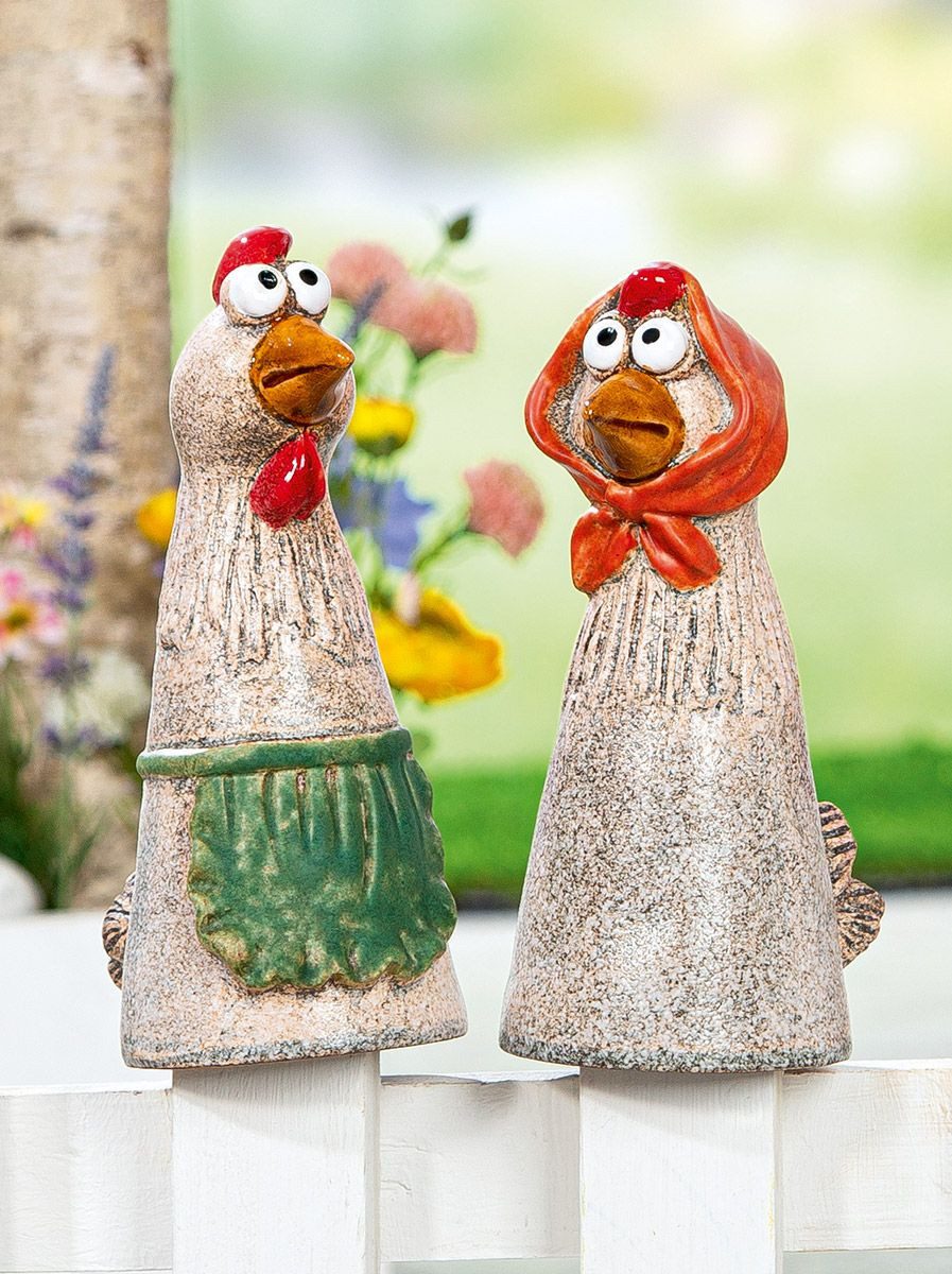 MF Gartenfigur Zaunfigur Hühner Gerda und Otilie 2er Set Keramik Deko 21cm, günstig online kaufen