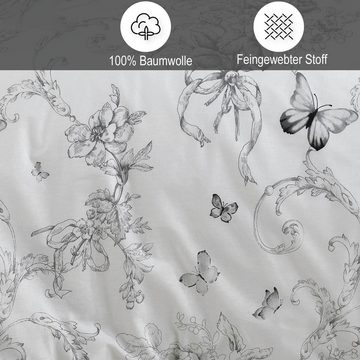 Bettwäsche, Buymax, Renforcé: 100% Baumwolle, 2 teilig, 135x200 cm mit Reißverschluss, Geblümt Schmetterlinge, Schwarz Weiß