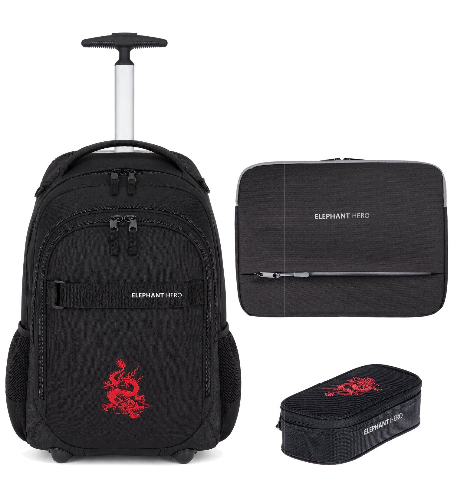 ELEPHANT Schulrucksack Trolley Schultrolley Trolly Rucksack Laptoptrolley Schule Kinder (3 Teile Set, Rucksacktrolley + Federmäppchen + Laptophülle), Schultasche Räder Trolleyrucksack mit Laptop Sleeve Mäppchen Box +tml