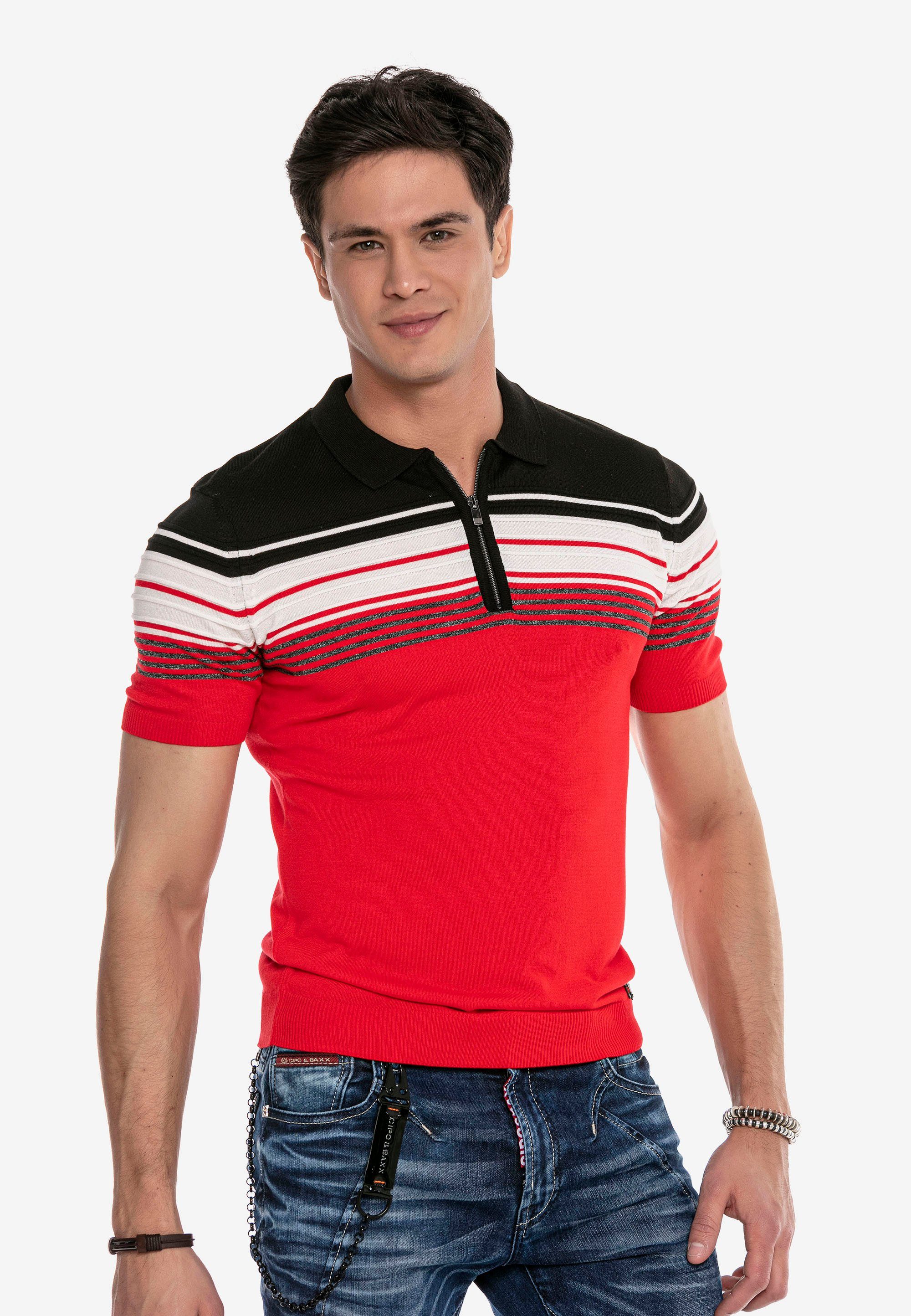 Cipo & Baxx Poloshirt mit mehrfarbigem Streifen-Design rot-schwarz