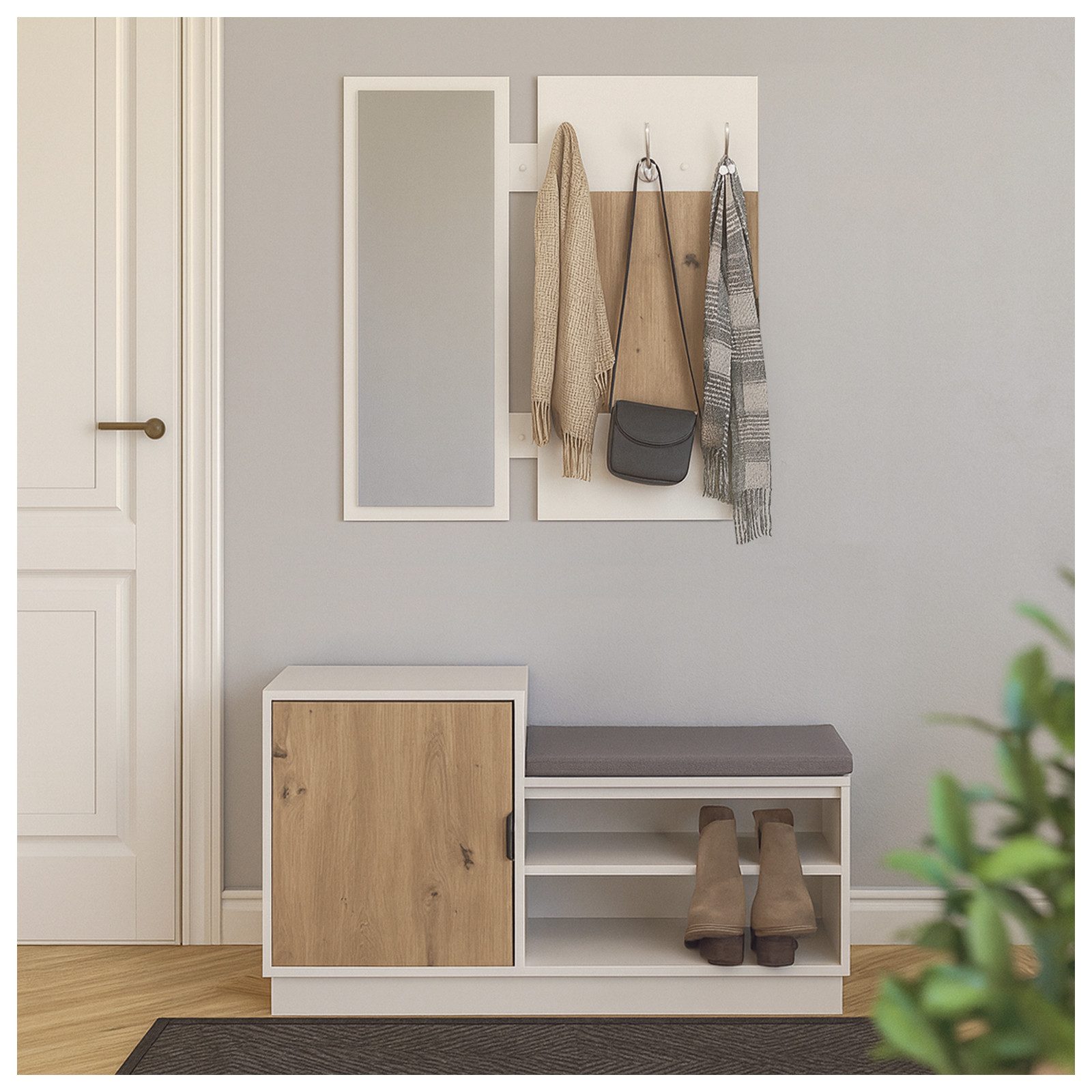 HTI-Living Garderobe Garderobenpaneel mit Spiegel und Schuhbank (Set, 2 St., 1 Garderobenpaneel mit Spiegel, 1 Schuhbank), Set Wandgarderobe und Schuhregal mit Sitzkissen