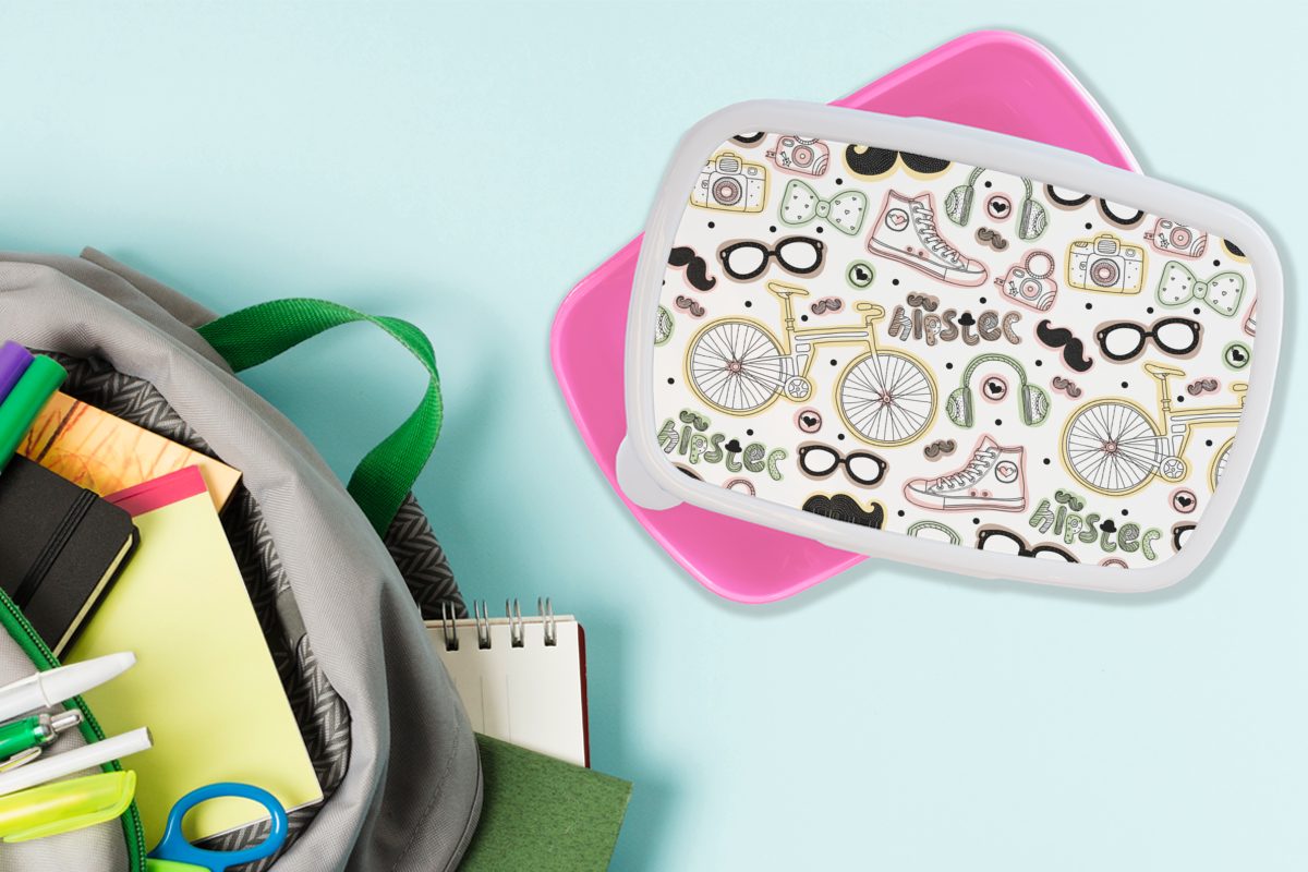 Lunchbox Erwachsene, (2-tlg), Kunststoff MuchoWow Kopfhörer Doodle Muster, Mädchen, Kinder, - für Snackbox, Brotdose Brotbox - rosa Kunststoff,