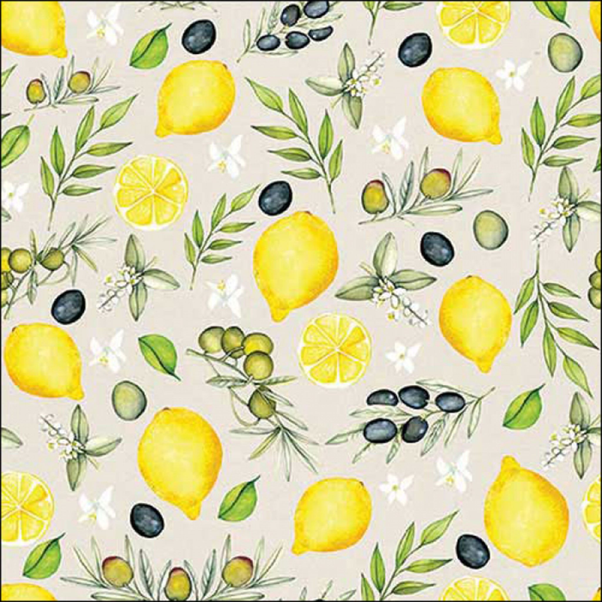 Ambiente Luxury Paper Products Papierserviette, Servietten Papier 33x33cm 3-lag. mit Zitronen & Oliven Motiv 20 Stück