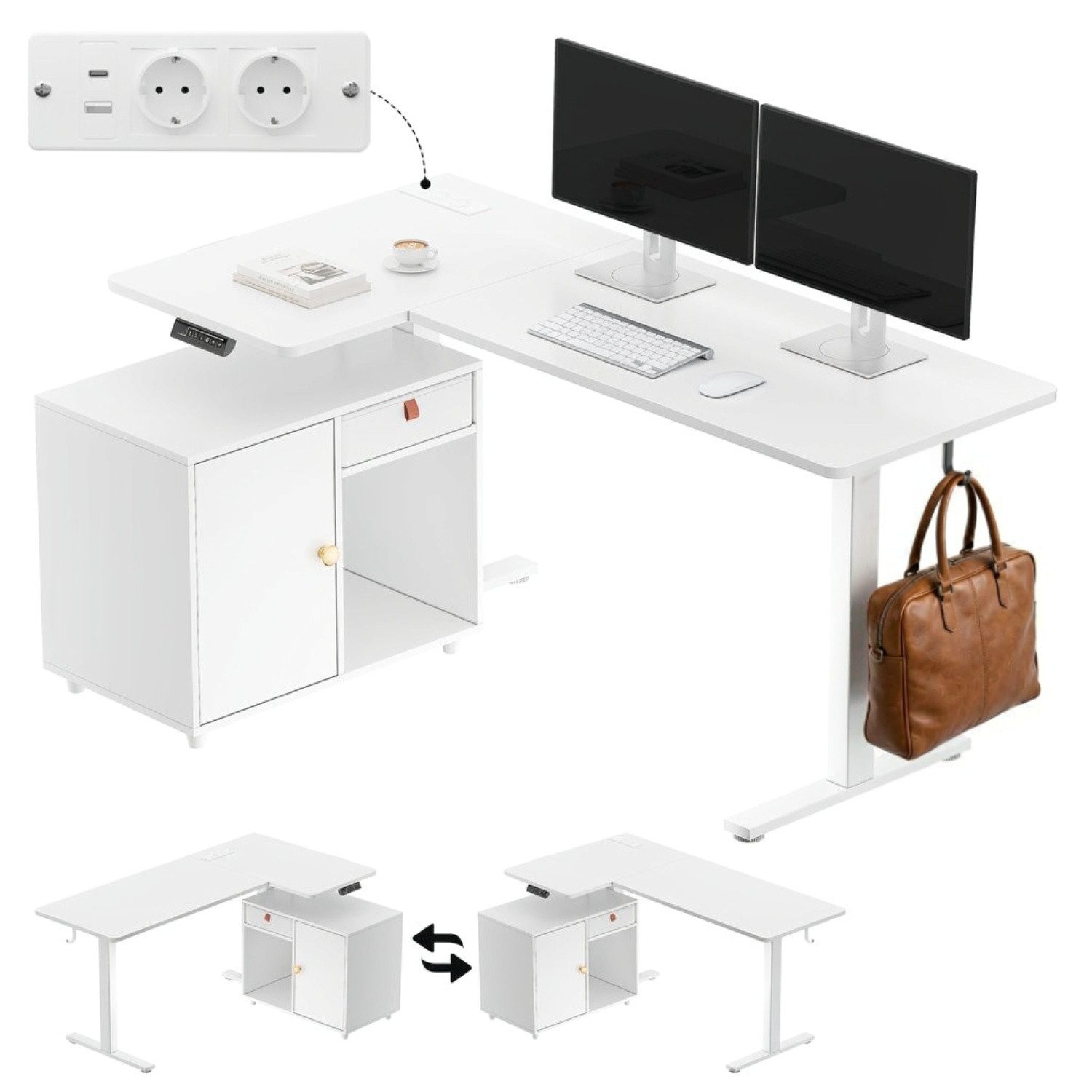 HOMALL Eckschreibtisch L-förmig Höhenverstellbarer schreibtisch mit Schrank und Schublade (Maße: 148 x 80 cm, mit integrierter Steckdose …