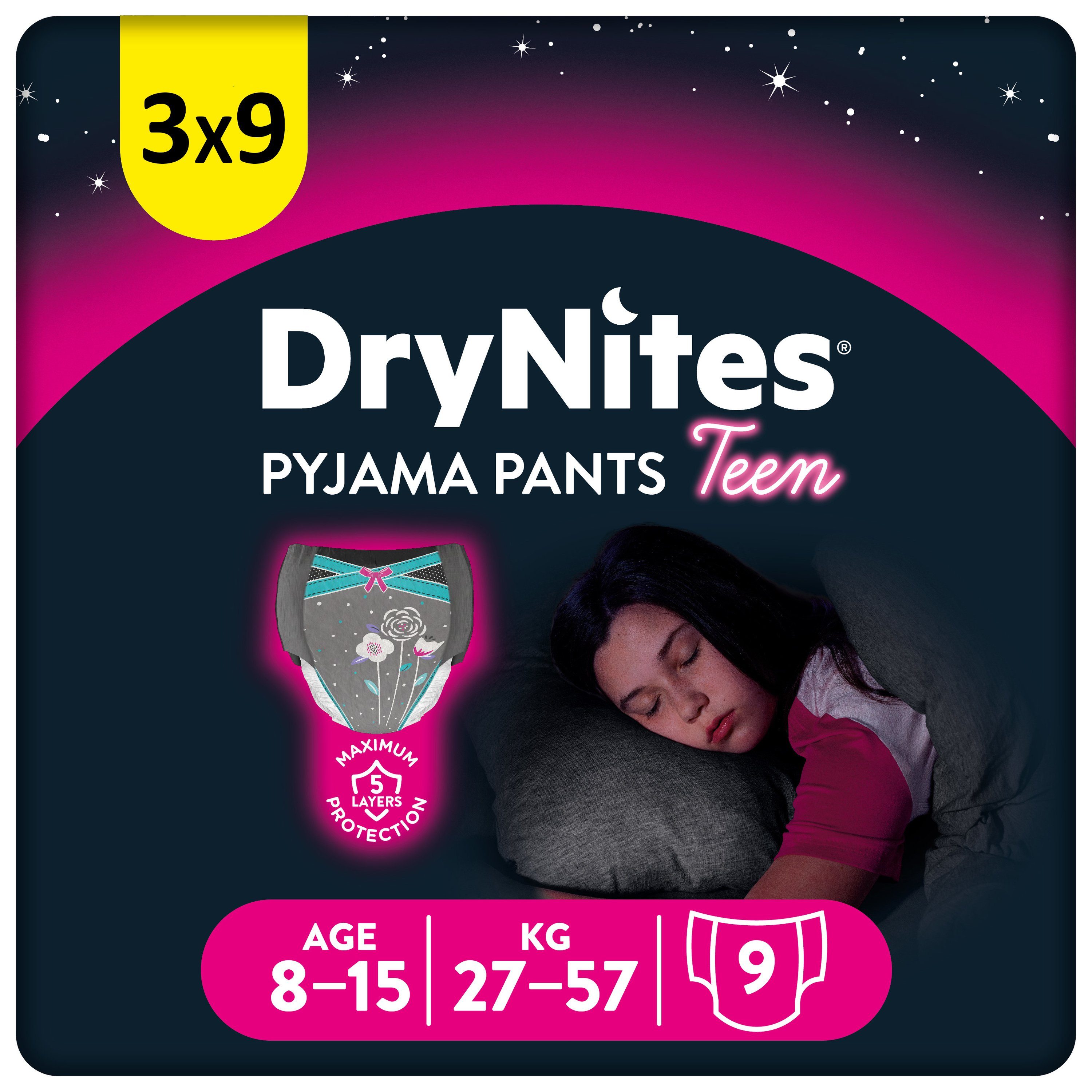 HUGGIES Windeln DryNites Nacht-Windeln Mädchen 8-15 J. (27-57 kg), 27 Stk, Bettnässen | Windeln
