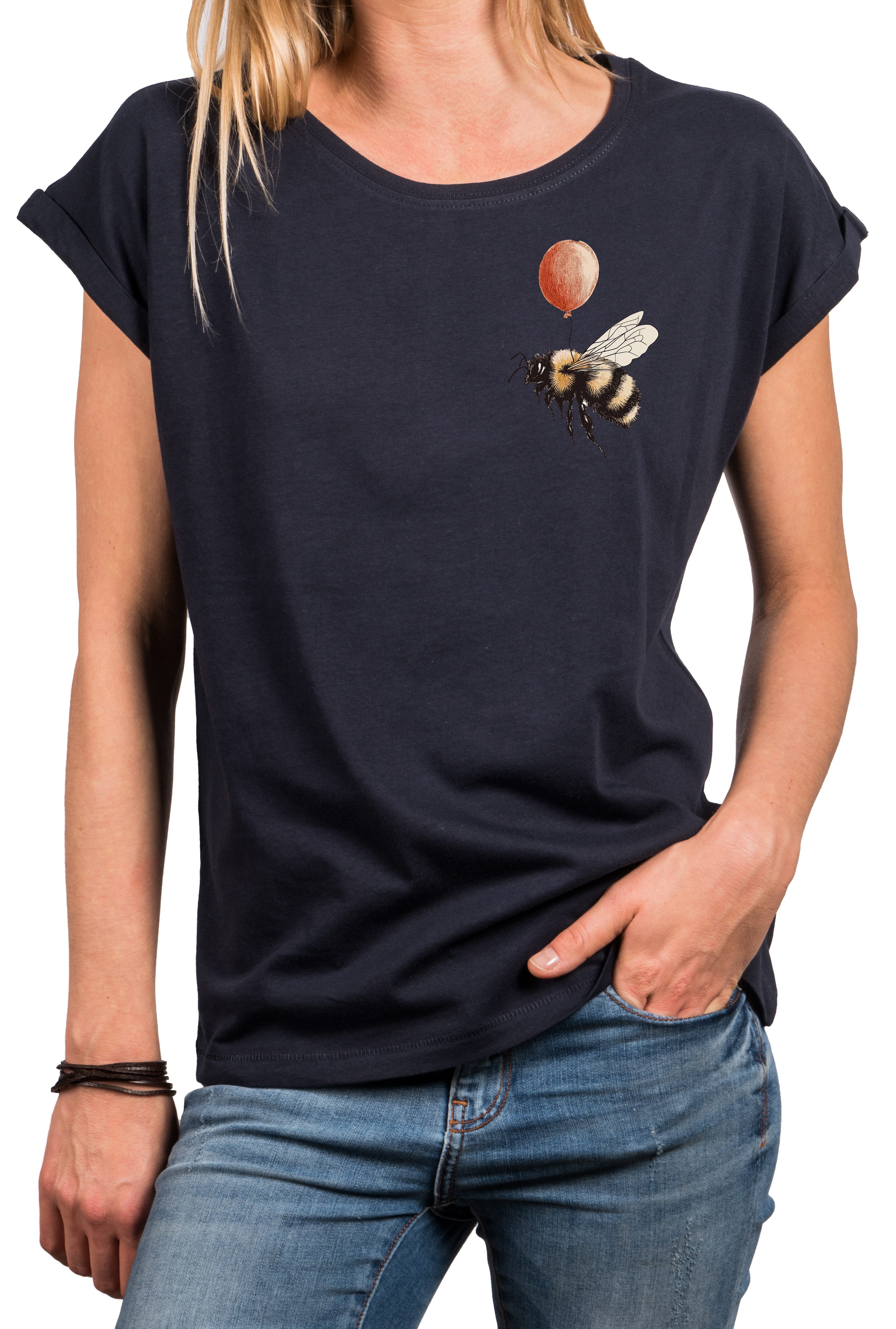 MAKAYA T-Shirt Damen-Top mit kleinem Hummel-Print – lustiges, freches Sommer-Motiv (Weiß, Rosa, Hellgrau, Grün, Dunkelgrau, Blau, 34, 36, 38, 40, 42, 44, 46, 48, 50) Baumwolle