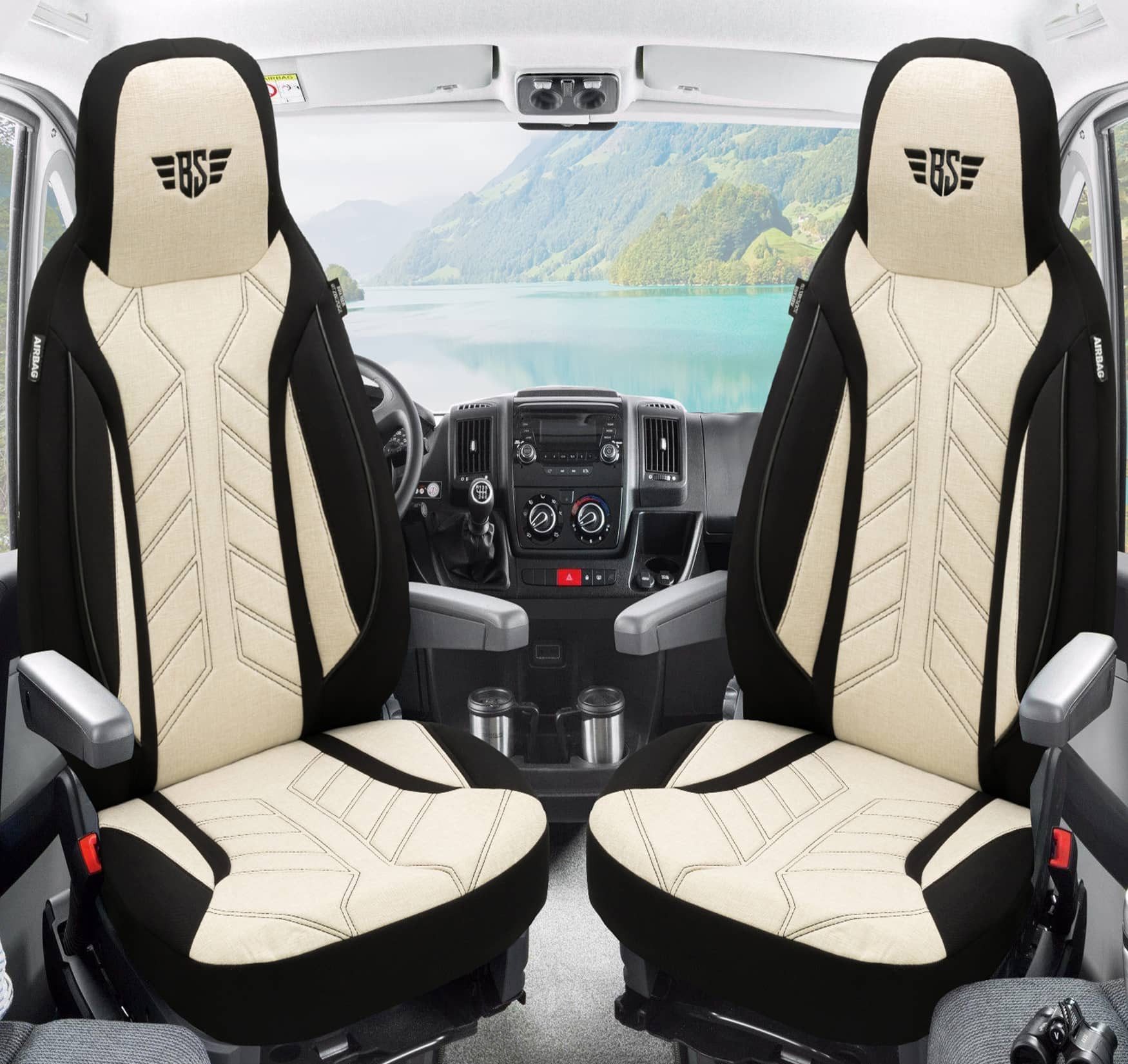 BREMER SITZBEZÜGE Autositzbezug für Chausson First line sport line (PLKT207), Set, 2-tlg., Schonbezüge Sitzbezüge Fahrer und Beifahrer, in Schwarz/Beige