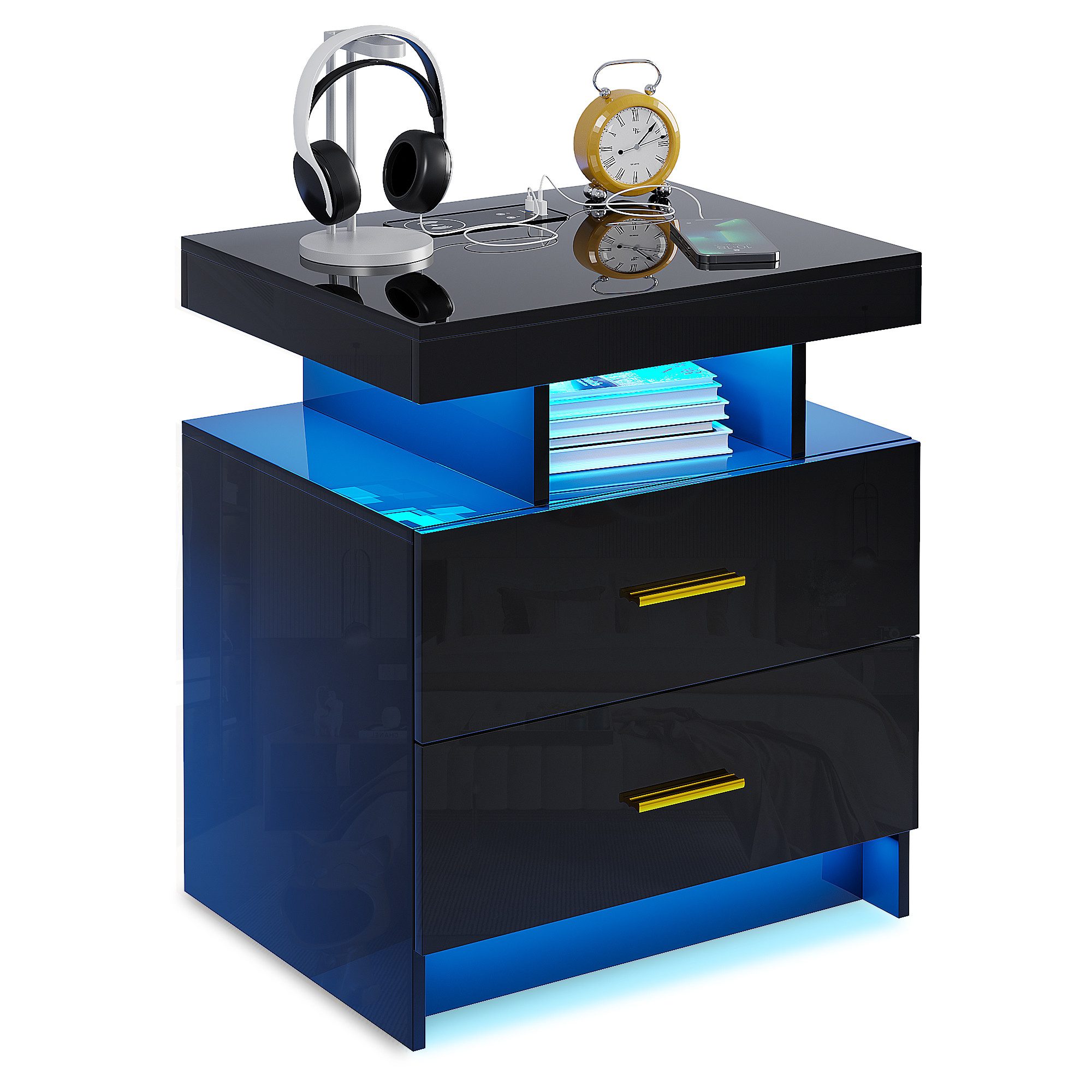 LVifur Nachttisch mit LED-Licht und Sensor, 2 Schubladen, USB&Type-C, kabel günstig online kaufen