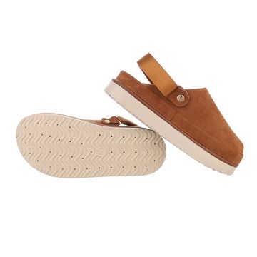 Ital-Design Damen Mules Freizeit Plateausandaletten Flach Pantoletten in Camel