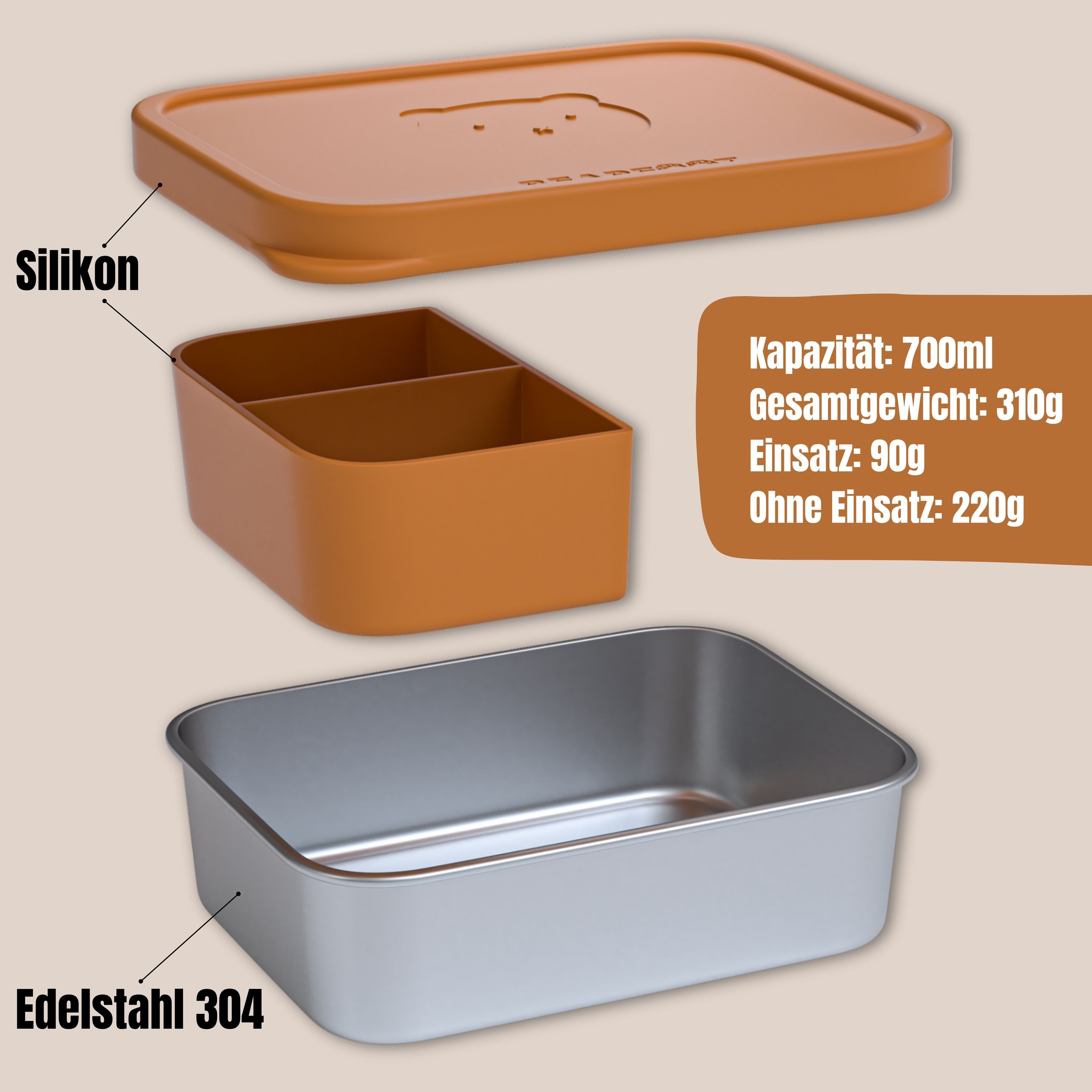 BEARFOOT Lunchbox Brotdose Kinder Edelstahl mit Silikoneinsatz - Braun, Kindergarten und Schule - Mädchen und Jungen, Vesperbox, Snackbox – Bild 4 von 5