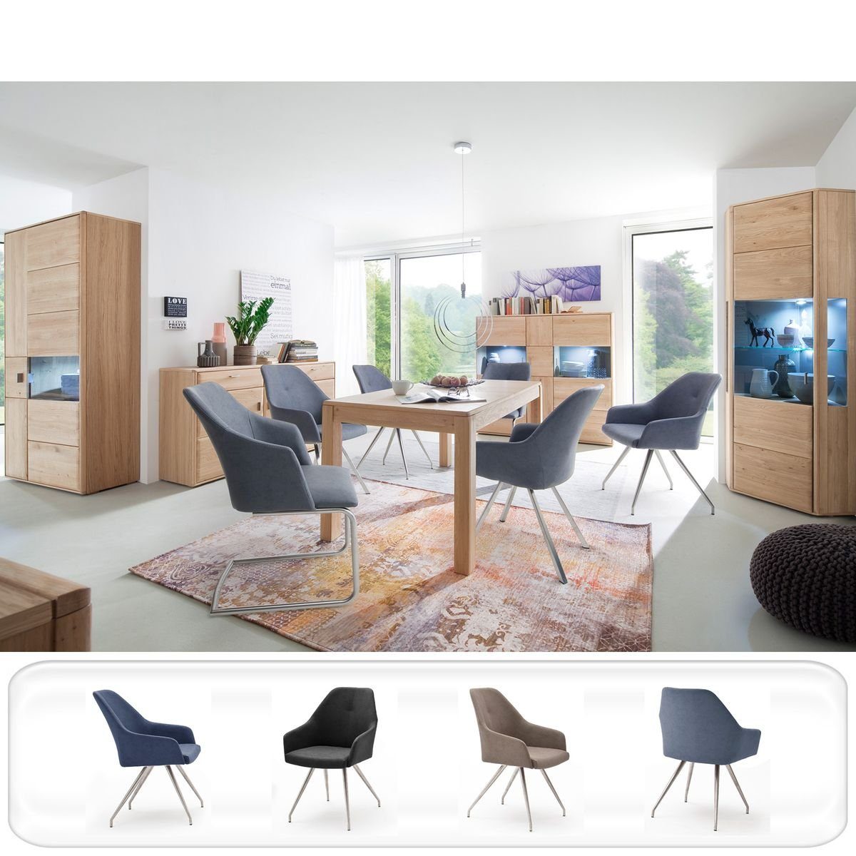 expendio Wohnzimmer-Set Torrent 141, (Spar-Set, 9-St), Eiche bianco montiert LED + 4x Stuhl A2 Kunstleder graublau