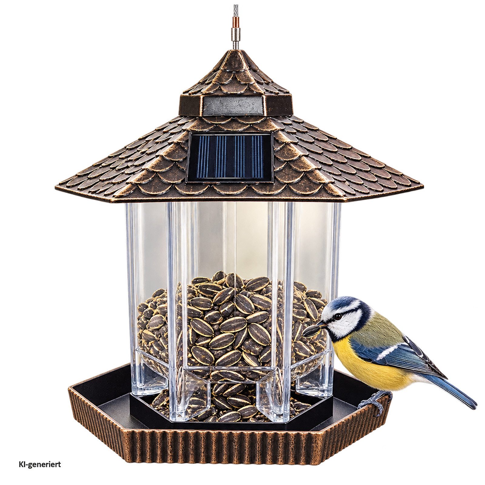 HTI-Living Futterspender Vogelfutterhaus Nessa Metallic Gold mit Solarpanel, Futterspender Kunststoff zum Hängen