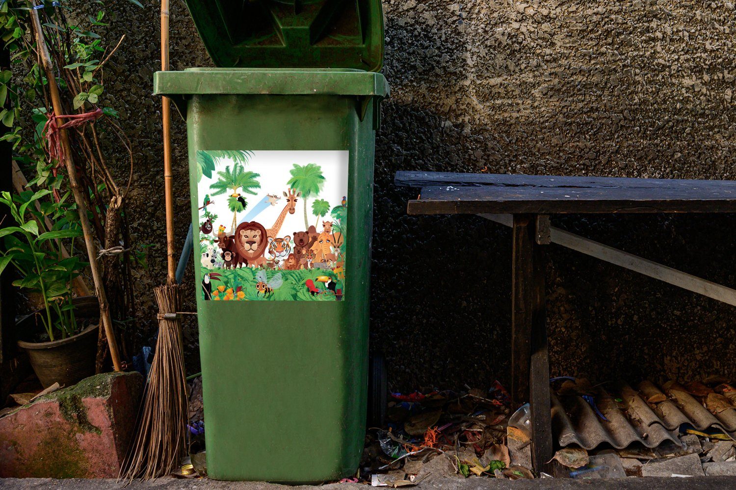 MuchoWow Wandsticker Wilde Tiere - Mülleimer-aufkleber, Abfalbehälter Kinder Jungen Mülltonne, (1 - - Sticker, - Tiger - Dschungel - St), Löwe Mädchen Container