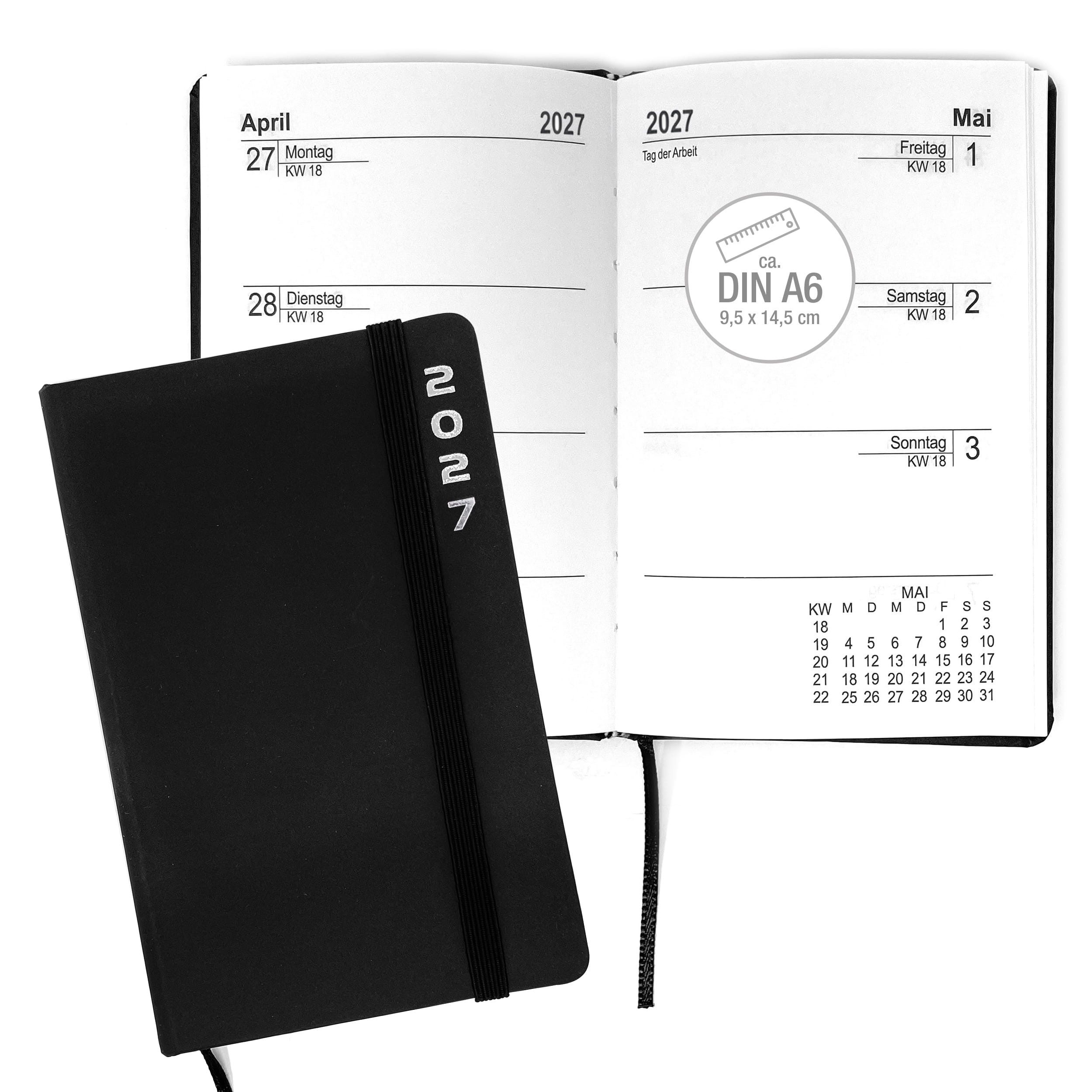 AMLI Taschenkalender Taschenkalender 2027 A6 mit Gummiband 1 Woche 2 Seiten Schwarz, Gummiband, Folienprägung, Leseband, Ferien & Feiertage