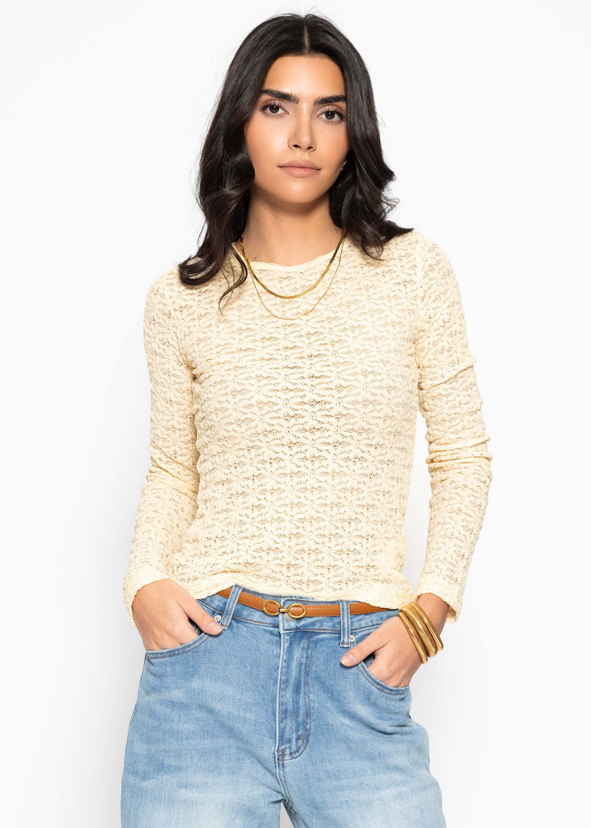 SASSYCLASSY Langarmshirt Langarmshirt aus floraler Spitze für Damen Leicht transparentes Top mit Rundhals in körpernahem Schnitt