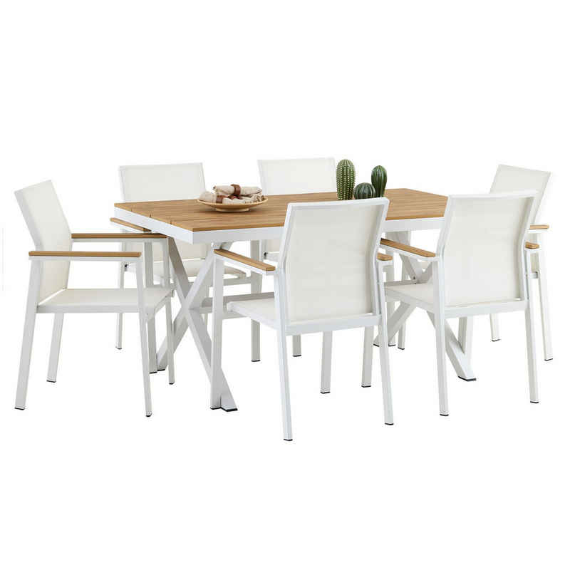 IDIMEX Gartenlounge-Set WINDY, Gartenmöbel Set mit 1 Tisch und 6 Stühlen aus Alu und WPC in weiß/natu