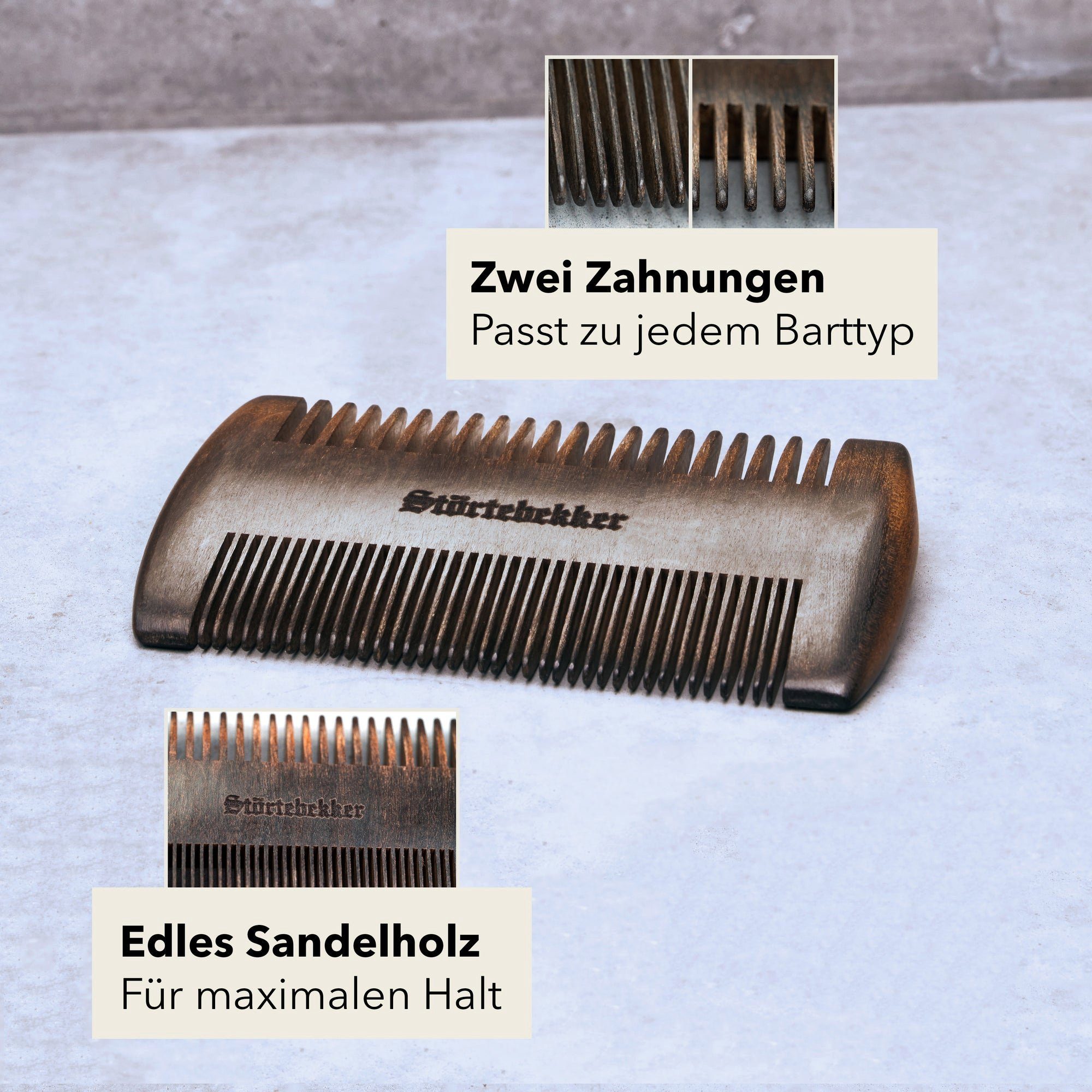 Störtebekker Bartkamm aus Holz mit handgefertigtem Lederetui - Bringt jeden Bart in Form, aus hochwertigem Sandelholz