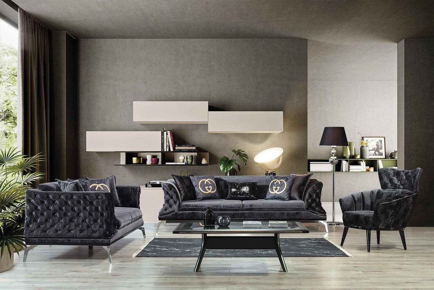 Xlmoebel Polstergarnitur Schwarze Chesterfield Couch Sofa 3+1 für Wohnzimmer Möbel, (3+1, 2-tlg., 3 Sitzer + 1 Sessel), Made in Europa