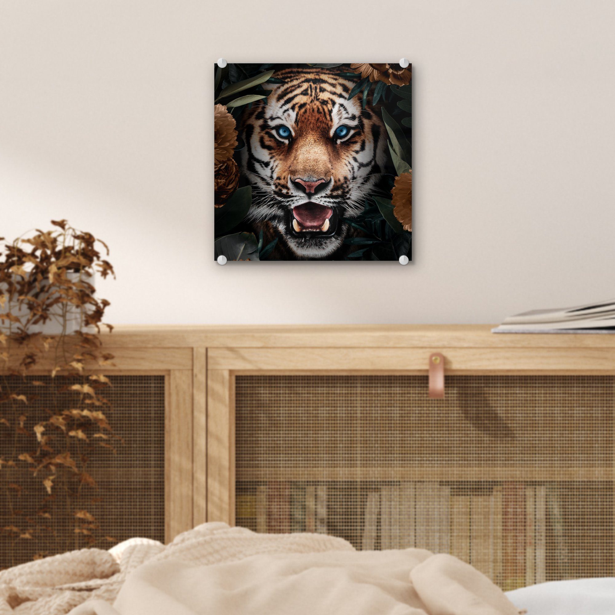 MuchoWow Acrylglasbild Tiger - - Blumen, - - Wandbild Glas Bilder auf auf Foto Glas - St), (1 Blatt Wanddekoration Glasbilder