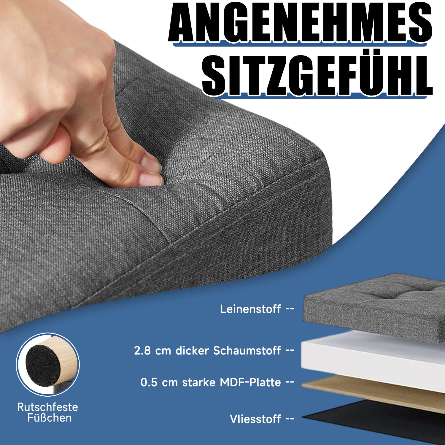 SURFOU Sitzhocker mit Stauraum und Deckel Aufbewahrungsbox Fußhocker bis 300 kg (für Wohnzimmer Schlafzimmer Flur), Hocker mit Stauraum mit Holzfüßen – Bild 5 von 5