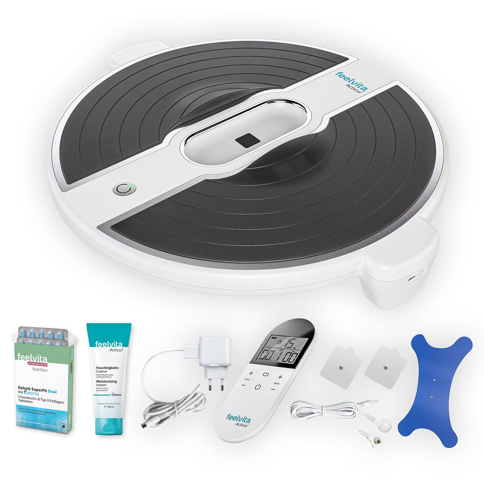 Genius EMS-Fußmassage-Gerät Feelvita Acticur Aktiv-Set Durchblutungsstimulator inkl. SuperFit, (12-tlg Set), Praktisches Schwenkelement -- FlexShifter