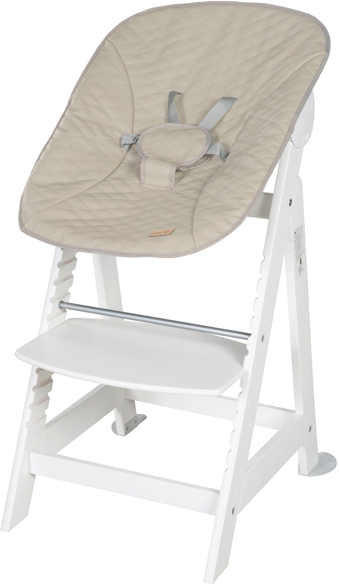 roba® Hochstuhl Treppenhochstuhl 2-in-1 Set Born Up weiß, mit Neugeborenen-Aufsatz, Greyish gesteppt